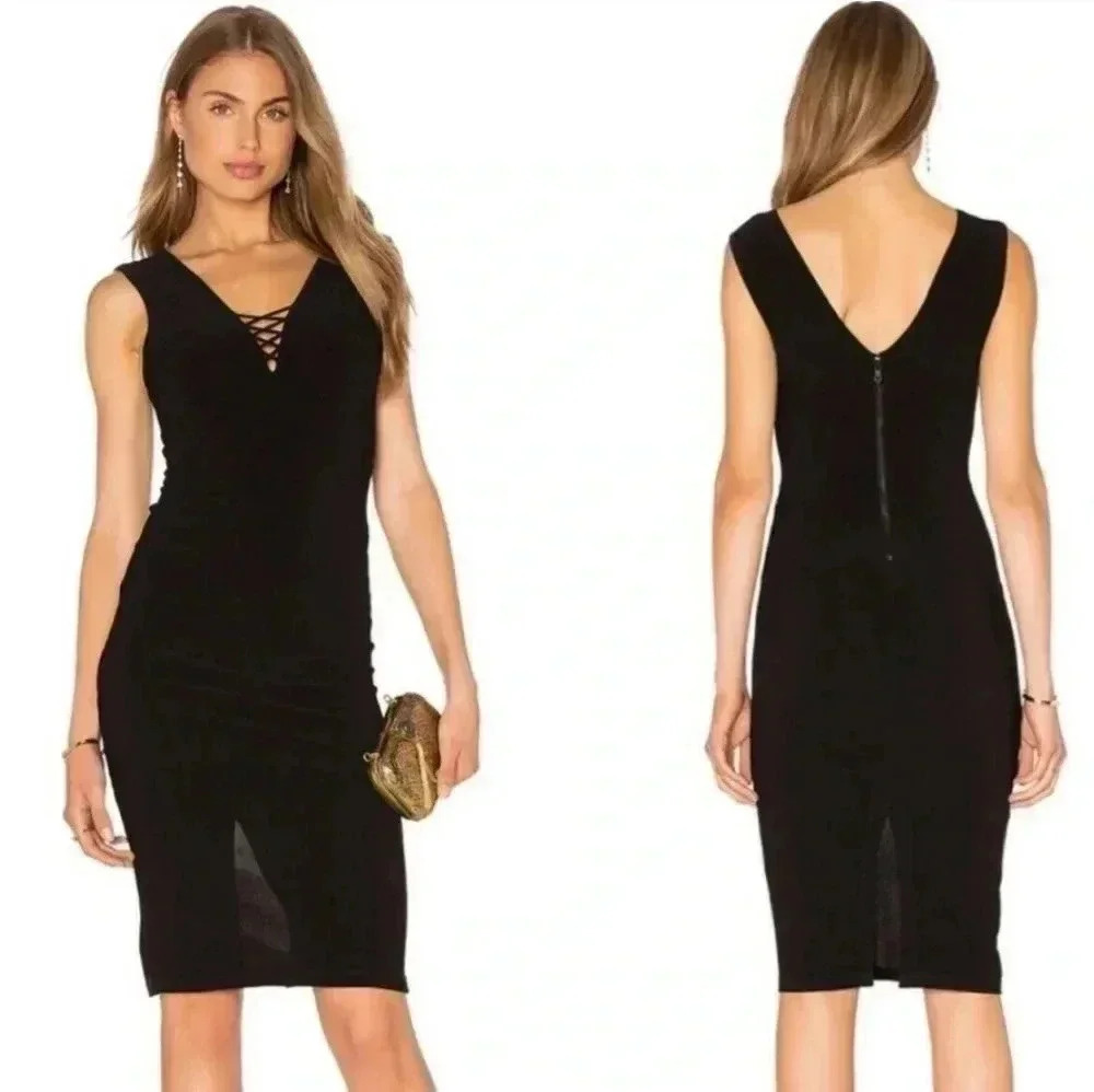 Alice + Olivia Womens Asha V-Neck Lace Up Solid Black Midi Dress